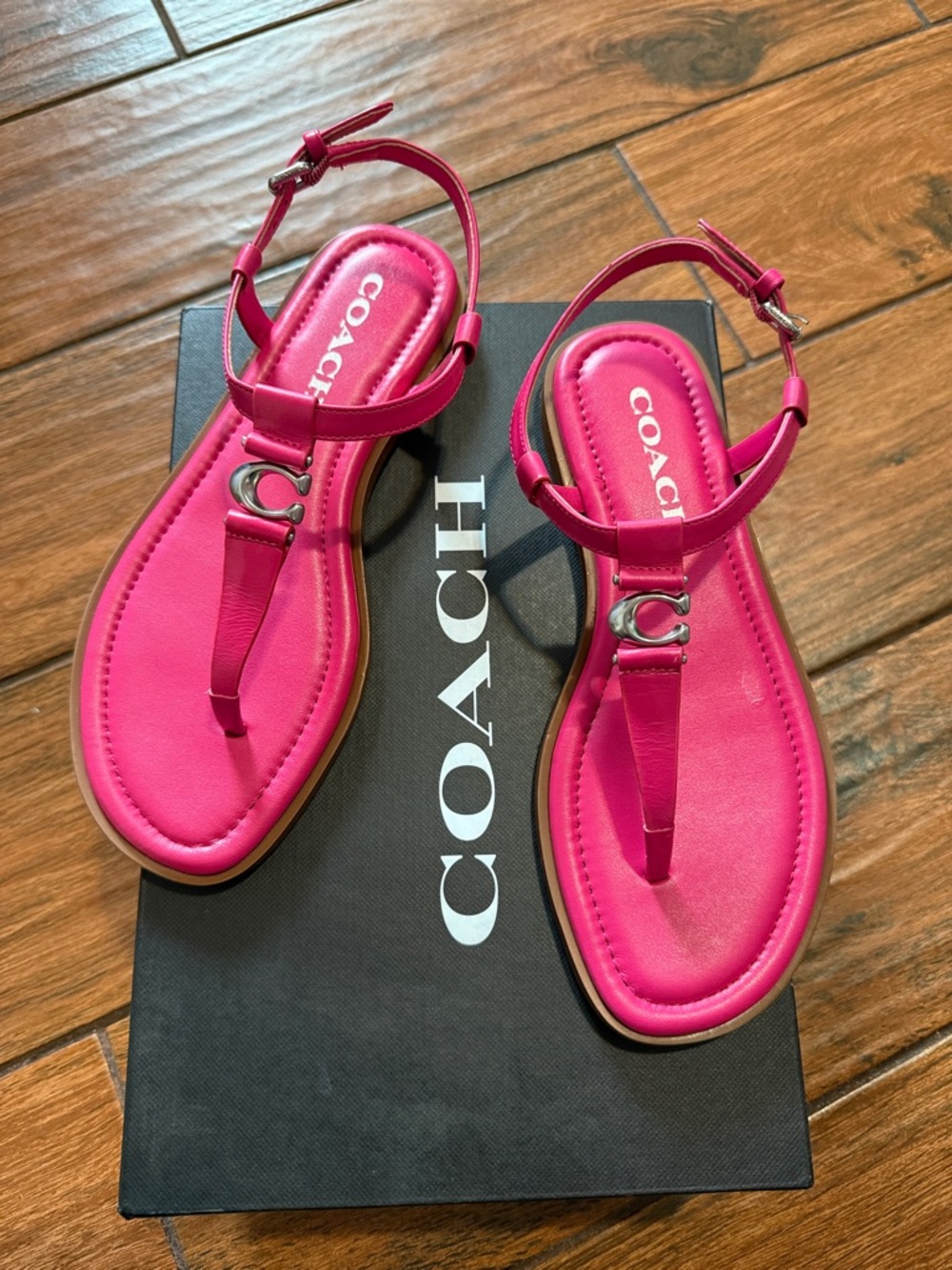 Coach Hot Pink Leather T-Strap Sandals with Signature 'C' Accent